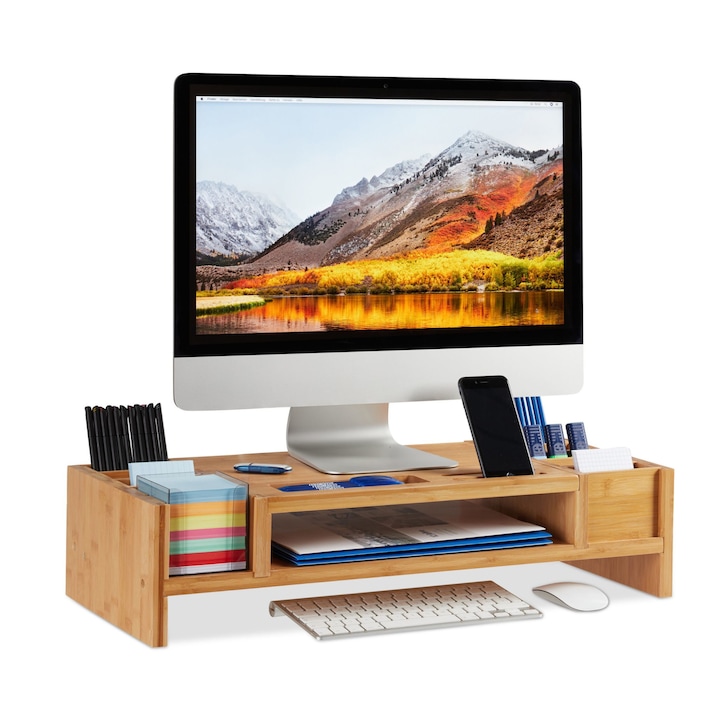 Suport pentru monitor, organizator birou, din lemn bambus, compartimente detasabile, marime 65 x 28 x 15 cm