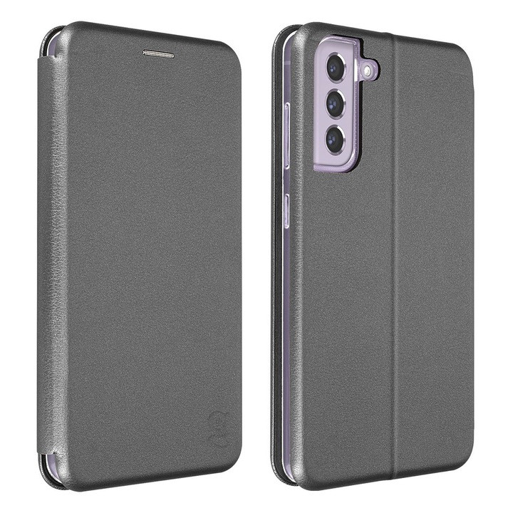 Husa pentru Samsung S21 FE - Flip carte, inchidere magnetica, buzunar card si video stand, Gekko Elegance - Argintie