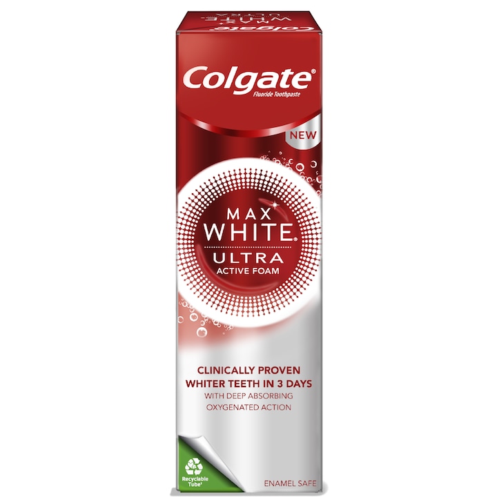 Паста за зъби Colgate Max White Ultra Active Foam, За избелване, 50 мл