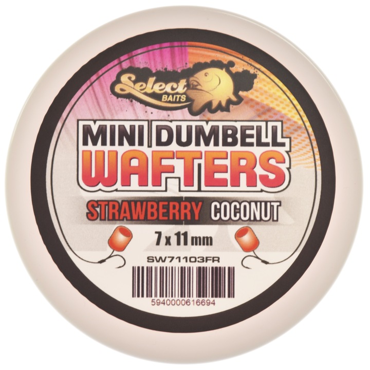 Примамка за кука Mini Dumbell Wafters Select Baits, вкус на ягода и кокос, 7-11 mm, цвят Fluo Red, 90 бр.