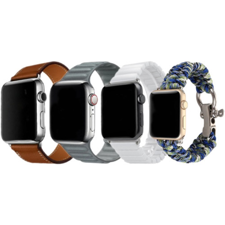 Set 4 Curele iUni compatibile cu Apple Watch 1,2,3,4,5,6,7, 42mm, Piele ecologica, Fibra textila sintetica, Ceramica, Multicolor