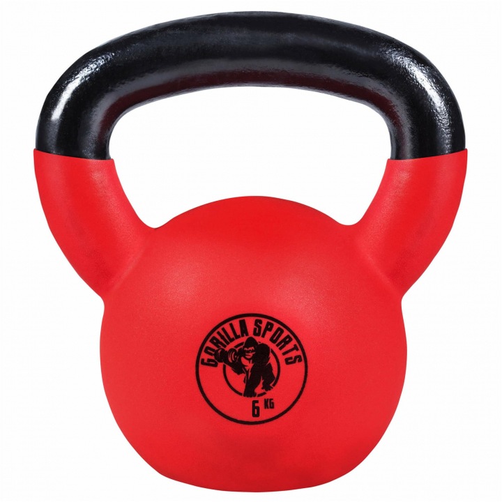 Gantera kettlebell de fier acoperit cu cauciuc, Gorilla Sports, 6 Kg, Negru-Rosu
