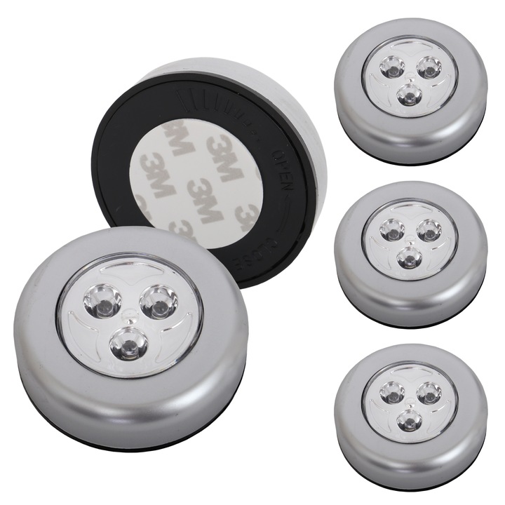 Set 5 lampi LED Briloner, 0.3 W, 15 lm, IP20, sistem push On/Off, banda autoadeziva inclusa,