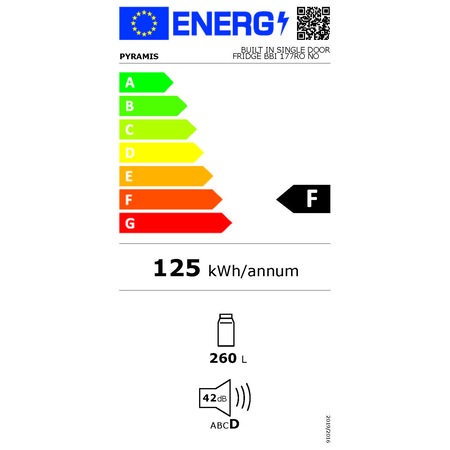 Frigider cu o usa incorporabil Pyramis BBI 177RO, 260l, No Frost, Control Electronic, Clasa F, Usa reversibila, Dezghetare automata, H 177 cm