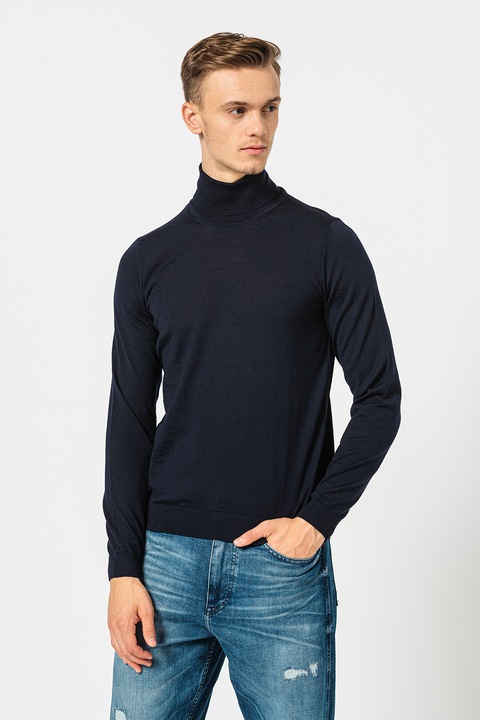 BOSS, Musso szűk fazonú garbónyakú szűzgyapjú pulóver, Tengerészkék