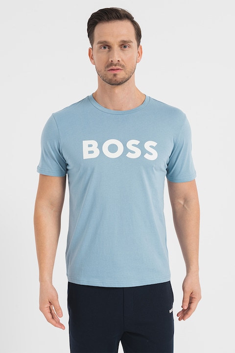 BOSS, Tricou regular fit cu imprimeu logo cauciucat Thinking, Alb optic/Albastru deschis