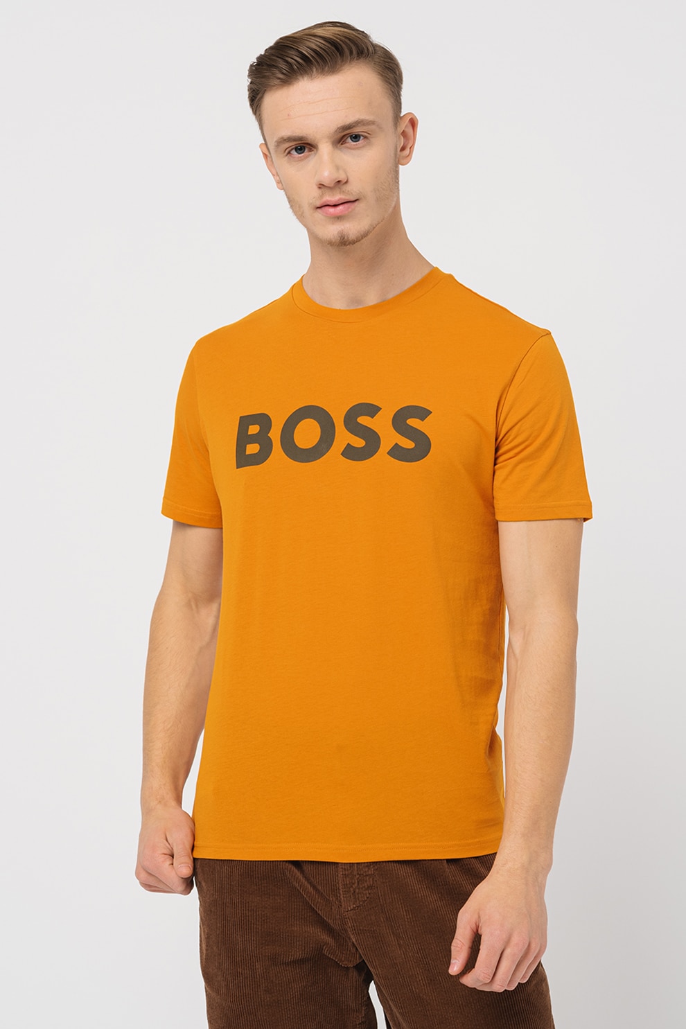 BOSS, Tricou cu imprimeu logo cauciucat Thinking, Portocaliu stins, M