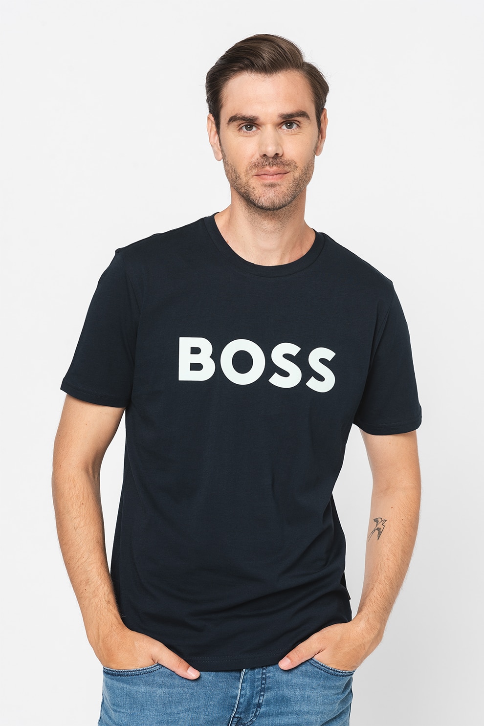 BOSS, Tricou cu imprimeu logo cauciucat Thinking, Bleumarin, 3XL