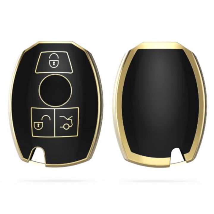 Корпус за автомобилен ключ Kwmobile за Mercedes Benz, 3 бутона, Keyless Go, силикон, черен/златист, 57047.01