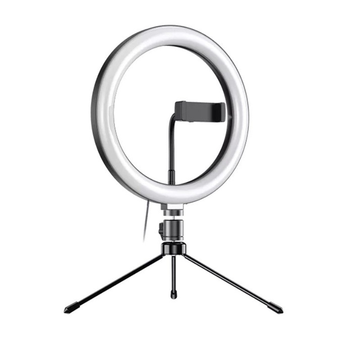 Set lampa circulara selfie, Apexel, diametru 26cm, trepied mini, suport telefon