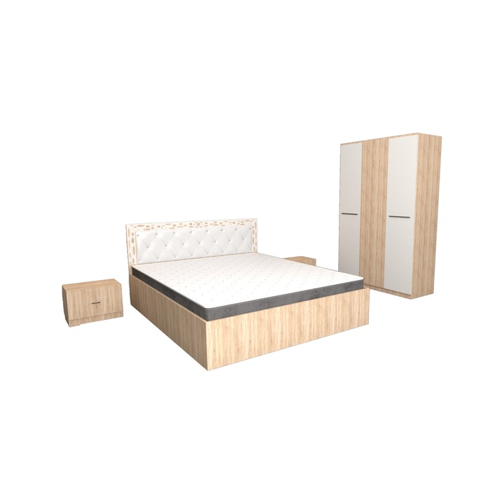 Set Dormitor Royal Alb Sonoma cu Dulap 3 usi Sonoma Alb 123x192xx48 cm, Pat Matrimonial Sonoma Alb 160 cm x 200 cm si Noptiere Sonoma 44x32x23 cm