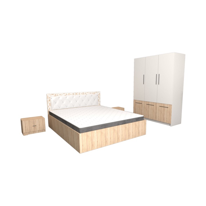 Set Dormitor Royal Alb Sonoma cu Dulap David Alb sonoma 150x200x61 cm, Pat Matrimonial Sonoma 140 cm x 200 cm si Noptiere sonoma 44x32x23 cm