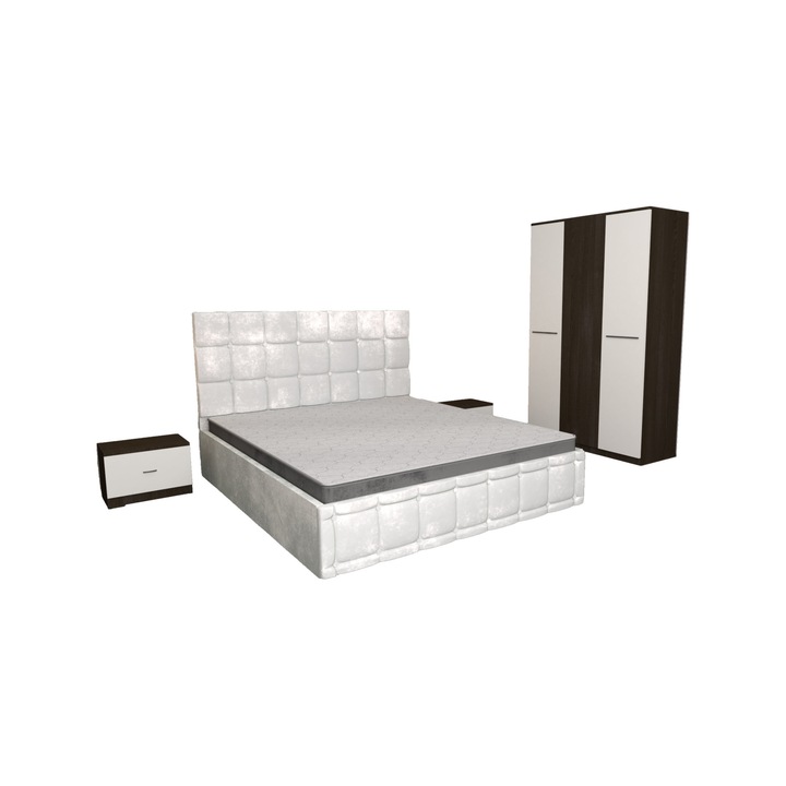 Set Dormitor Regal Alb Wenge cu Dulap 3 usi Wenge Alb 123x192x48 cm, Pat Matrimonial Alb Tapitat din stofa 160 x 200 cm si Noptiere Alb Wenge 44x32x23 cm