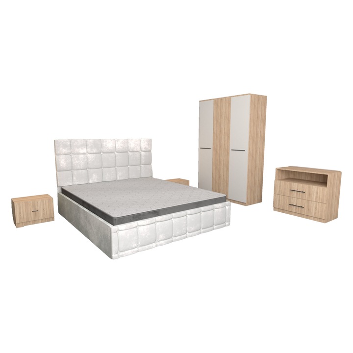 Set Dormitor Regal Alb Sonoma cu Comoda Sonoma 83x42x71, Pat Matrimonial Tapitat Alb din Stofa 140 x 200 cm, Dulap 3 usi Sonoma Alb 123x192x48 cm si Noptiere Sonoma 44x32x23 cm