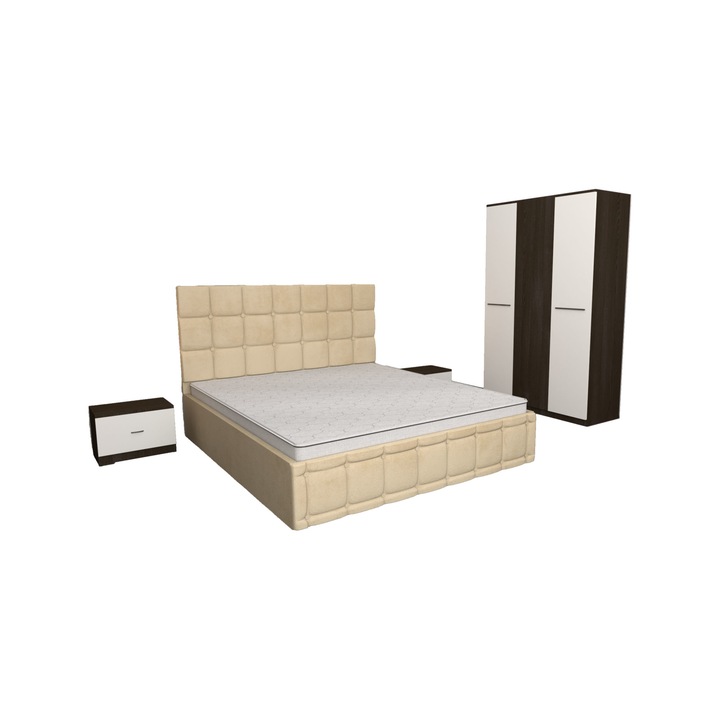Set Dormitor Regal Bej cu Dulap 3 usi Wenge Alb 123x192x48 cm, Pat Matrimonial Bej Tapitat din stofa 160 x 200 cm si Noptiere Alb Wenge 44x32x23 cm