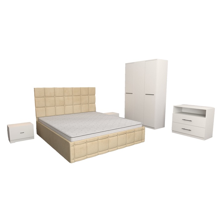 Set Dormitor Regal Bej cu Comoda Alba 83x42x71, Pat Matrimonial Tapitat Bej din Stofa 160 x 200 cm, Dulap 3 usi Alb 123x192x48 cm si Noptiere Albe 44x32x23 cm