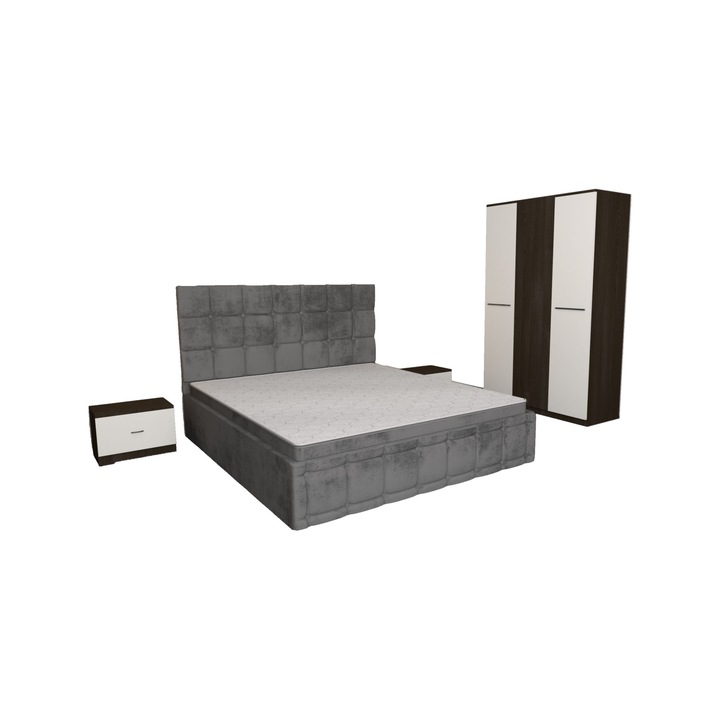 Set Dormitor Regal Gri cu Dulap 3 usi Wenge Alb 123x192x48 cm, Pat Matrimonial Gri Tapitat din stofa 160 x 200 cm si Noptiere Alb Wenge 44x32x23 cm