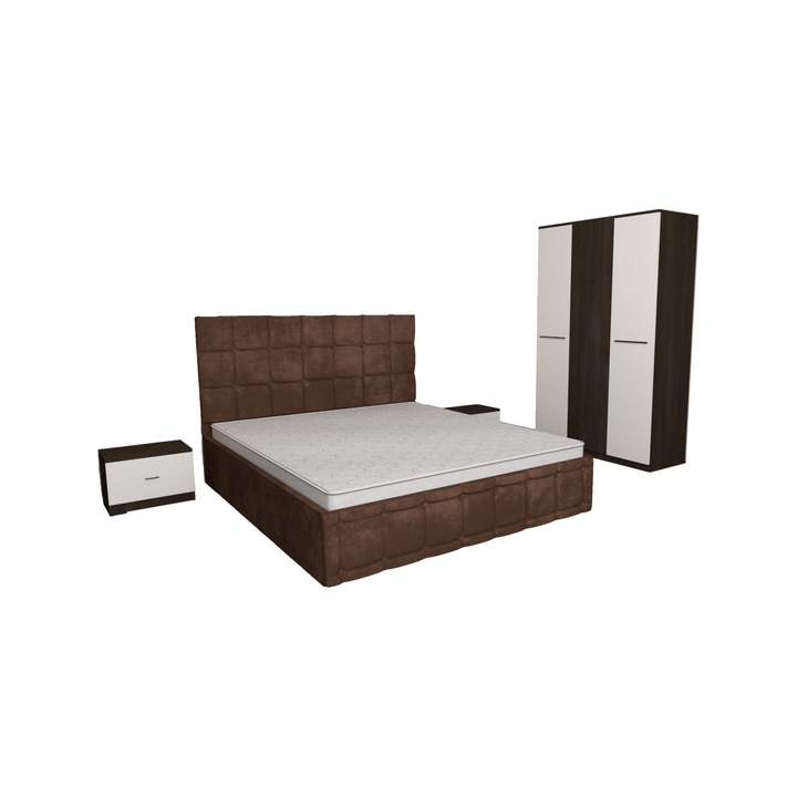 Set Dormitor Regal Maro cu Dulap 3 usi Wenge Alb 123x192x48 cm, Pat Matrimonial Maro Tapitat din stofa 140 x 200 cm si Noptiere Alb Wenge 44x32x23 cm