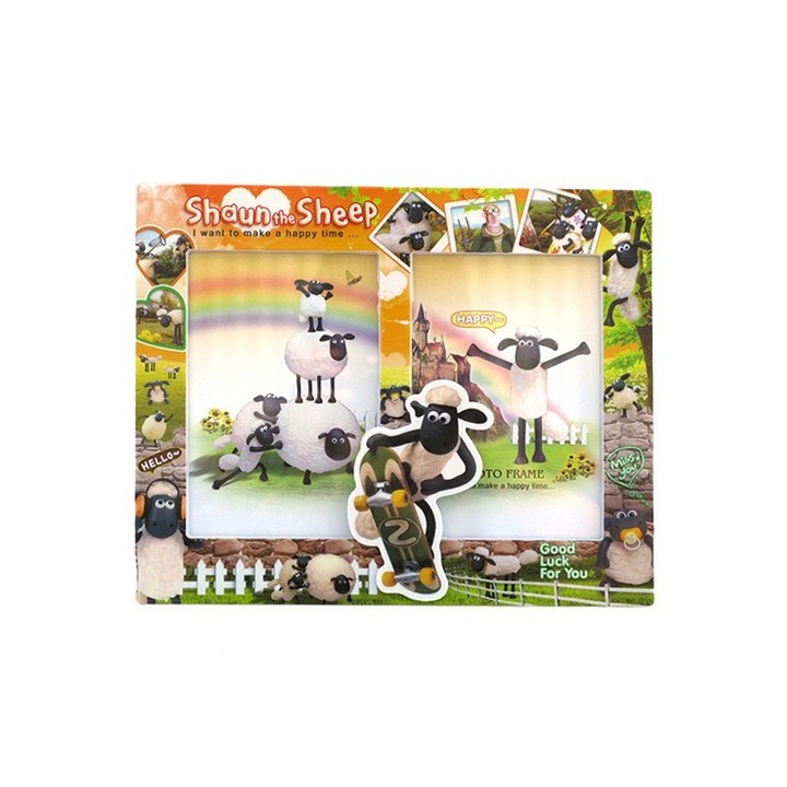 Rama dubla din plastic decorata cu imagini cu personajul Shaun the Sheep, M2, 23x20 cm
