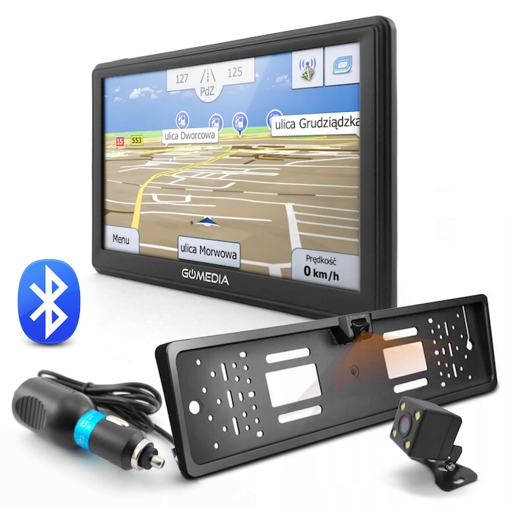 Sistem navigatie auto GPS GoMedia 7010 R02 cu ecran 7 inch, camera marsarier inclusa in suport numar, Bluetooth, iGO Primo, Harti Full Europa cu actualizari gratuite pe viata, 256MB RAM, player multimedia