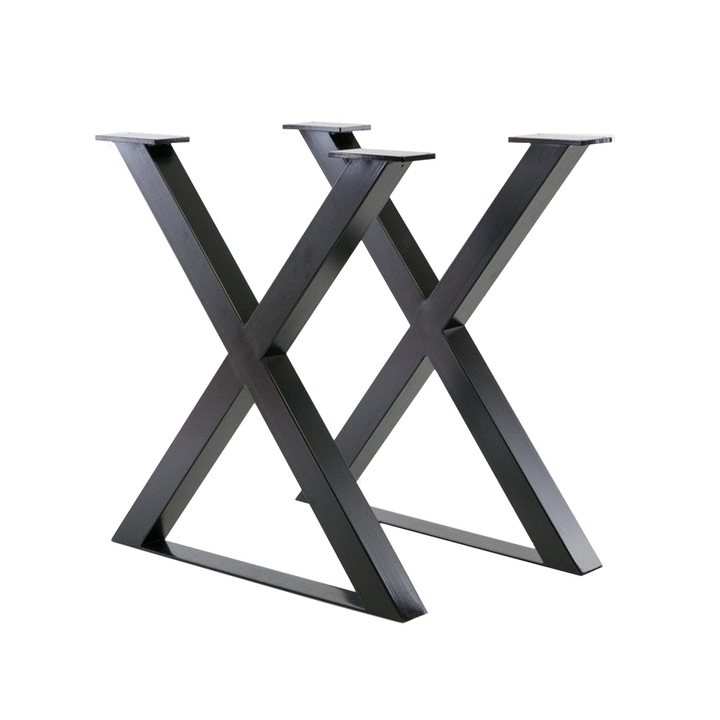 Set 2 picioare metalice pentru masa Atena, vopsite electrostatic, 72 x 70 cm, profil 8 x 8 cm, otel, negru mat, kit montaj inclus