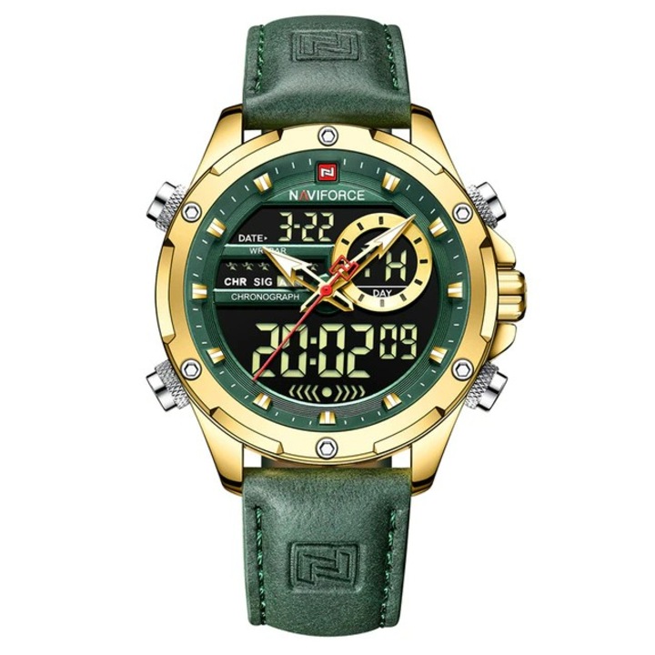 Мъжки ръчен часовник Naviforce Chronograph Casual Sport Quartz Analog Digital Leather Gold Green