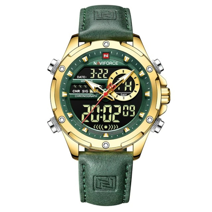 Мъжки ръчен часовник Naviforce Chronograph Casual Sport Quartz Analog Digital Leather Gold Green