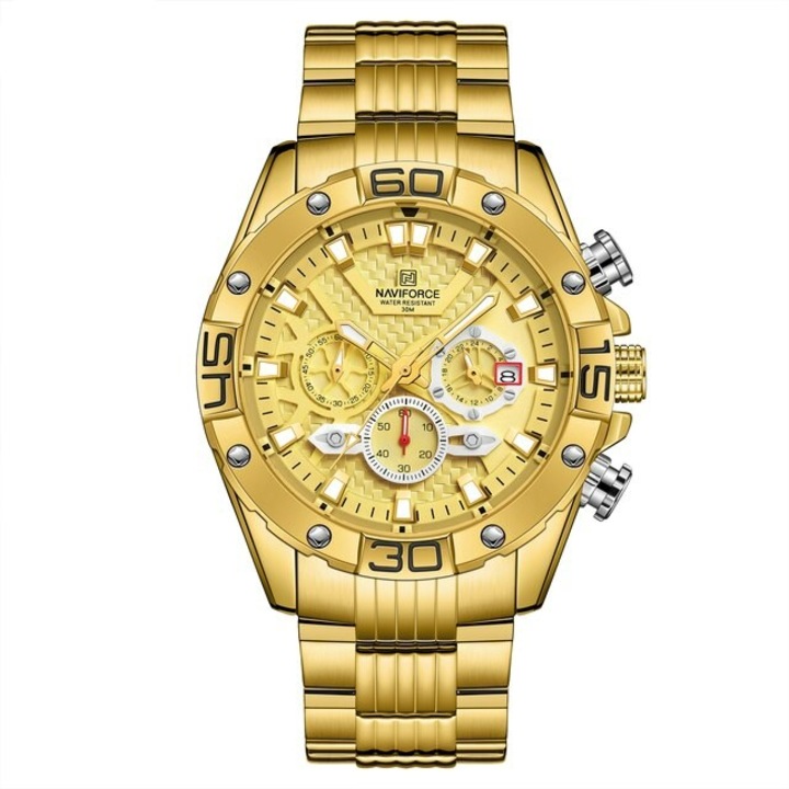 Ръчен мъжки часовник Naviforce Chronograph Casual Elegant Quartz Analog Gold Steel