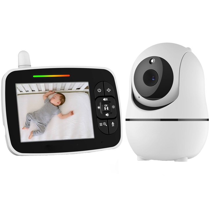 Бебефон и безжична аудио-видео камера за наблюдение на бебета, LikeSmart SafeBaby™, HD XXL 3,5-инчов LCD екран, завъртане на 355°, нощен режим, двупосочен, мониторинг на температурата, приспивни песни