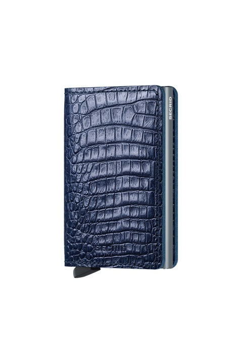 Portofel din piele naturala, Secrid, Slim, Nile, Protectie RFID, 6,8 x 10,2 x 1,6 cm, Albastru