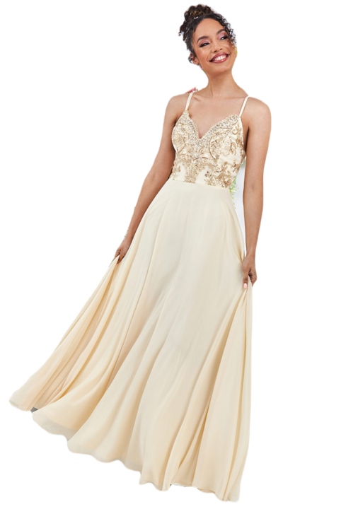 Rochie lunga cu bust din dantela cu paiete si fusta din voal, Galben pal