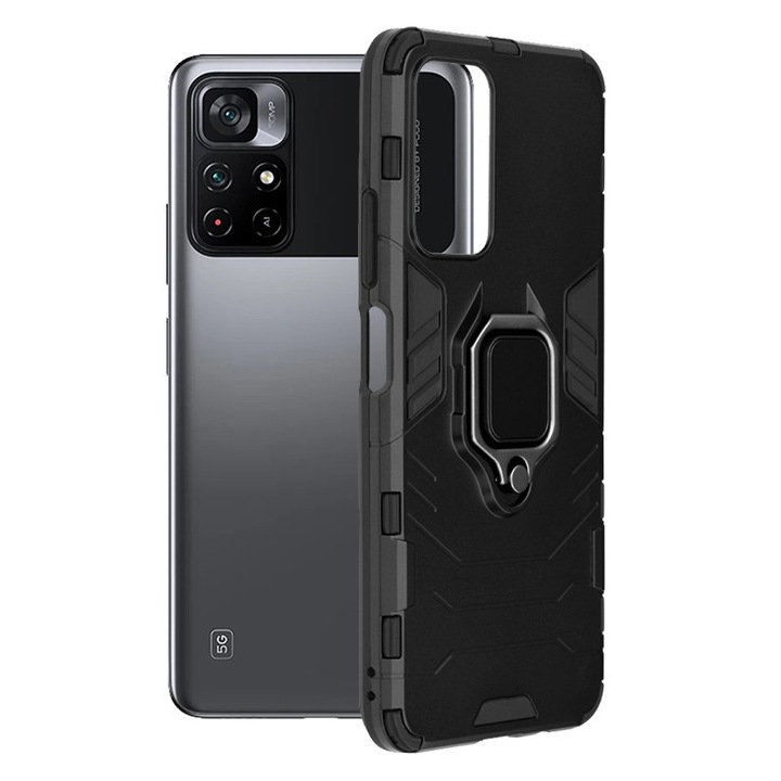 AZIAO Armor Ring Case за Xiaomi Poco M4 Pro 5G, армейски щит, хибридна структура, 360° магнитен поддържащ пръстен, здрав издръжлив калъф, титаниево черно