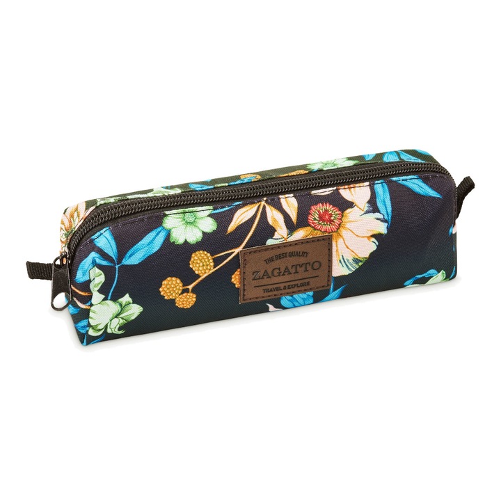Penar fete, Zagatto®, Negru cu imprimeu floral, Dimensiuni 22x6x6 cm, Un compartimet, Penar scolar neechipat, Multifunctional, Usor, rezistent si practic, Impermeabil, ZG673