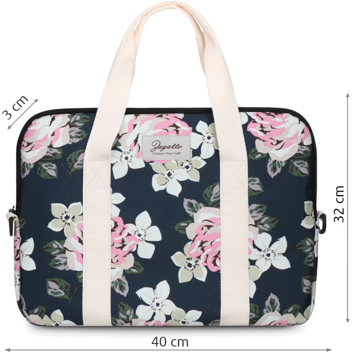 Geanta laptop dama, 15.6 inch, Zagatto®, Albastra, 40x32x3 cm, Model floral, Impermeabila, Eleganta, Curea de umar reglabila si detasabila, Buzunar frontal cu fermoar, Pentru notebook, Compatibila Macbook Pro, Air, ZG678
