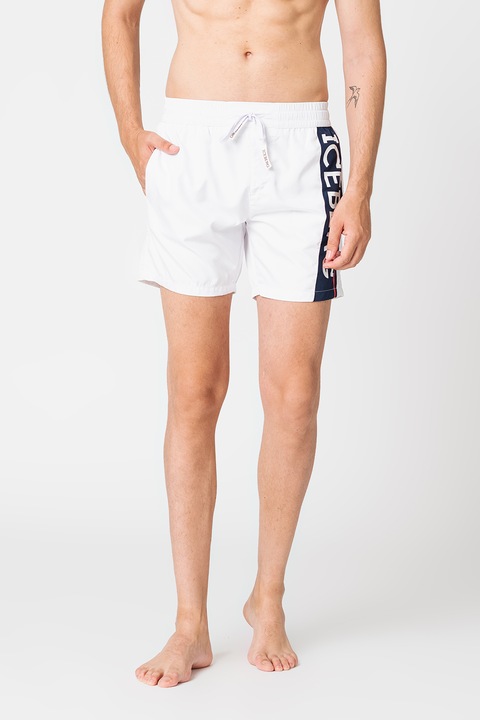 Iceberg, Pantaloni scurti de baie cu imprimeu logo contrastant, Alb/Bleumarin