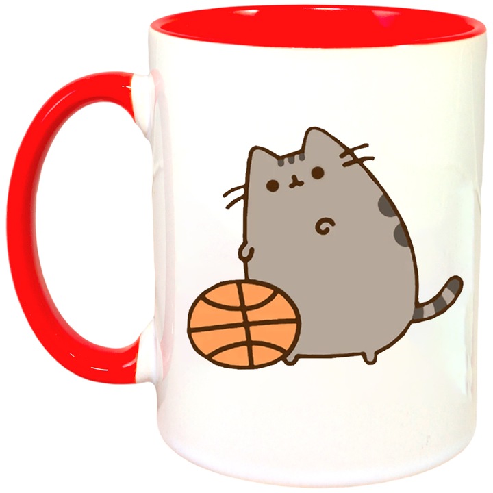 Cana personalizata cu interior colorat, rosu, Cana Pusheen Cat Minge Basket Pisica Plus, 330 ml