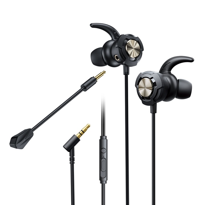 Геймърски слушалки за поставяне в ушите със свалящ се микрофон, 3,5 мм жак конектор, сила на звука и дистанционно управление, 1,2M, черни