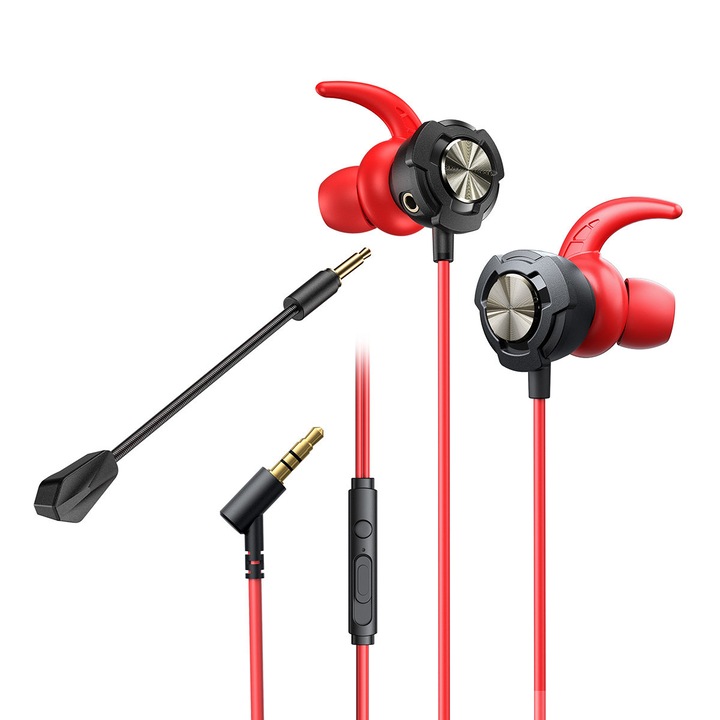 Геймърски слушалки за поставяне в ушите със свалящ се микрофон, 3,5 mm жак конектор, сила на звука и дистанционно управление, 1,2M, червени
