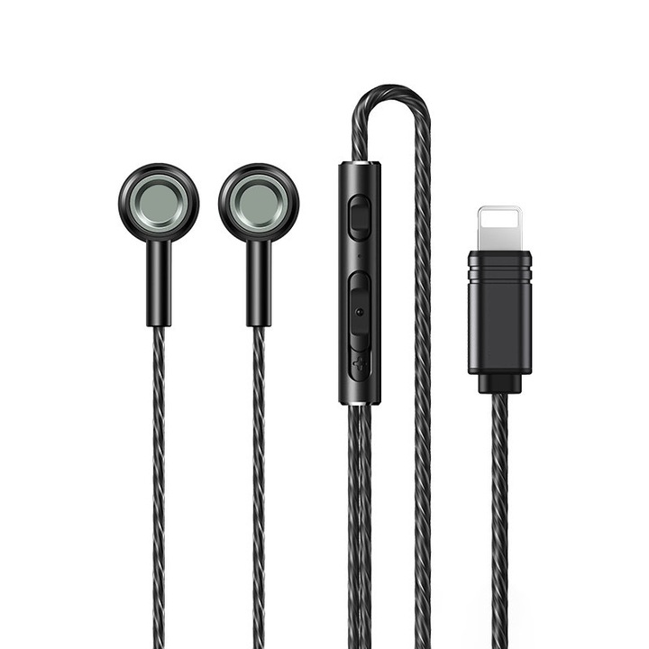 Съвместими с Apple метални слушалки за поставяне в ушите с Lightning конектор, вграден микрофон, 1,2 м, черни металик
