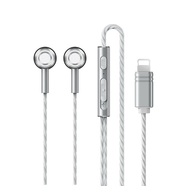 Casti in-ear metalice compatibile Apple cu conector Lightning, microfon incorporat, 1.2m, Gri metalic