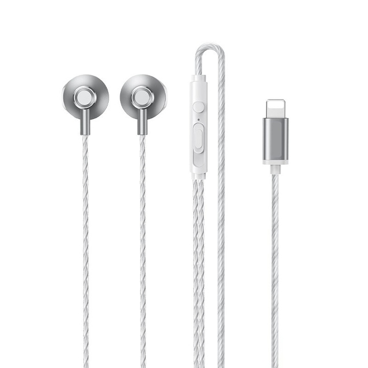 Casti in-ear compatibile Apple cu conector Lightning, microfon incorporat, 1.2m, Gri alb