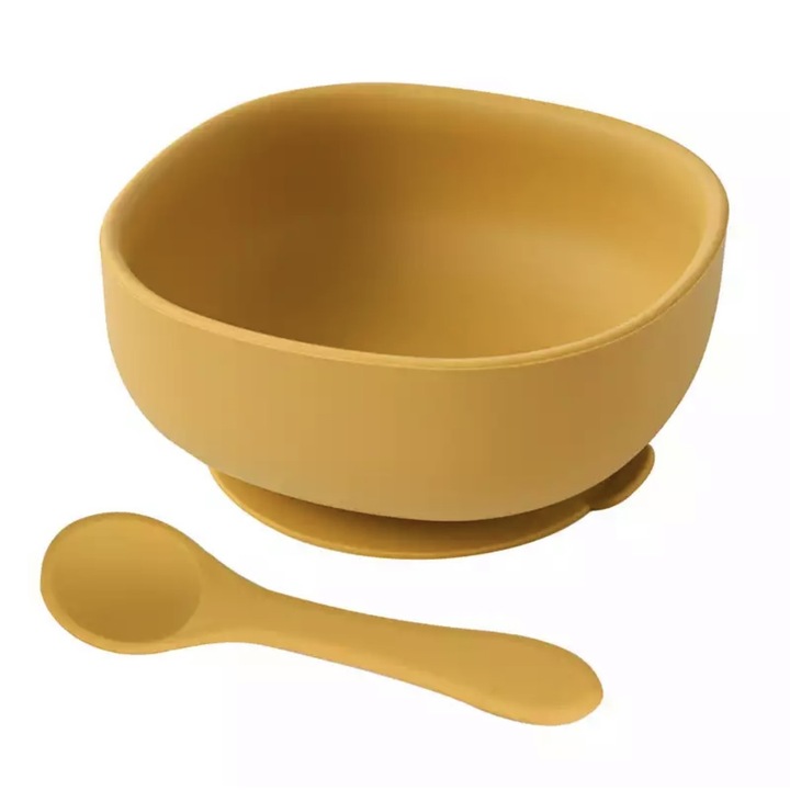 OEM Baba diverzifikációs készlet, tapadókoronggal és evőeszközökkel, szilikonból, mustár sárga, 350 ml