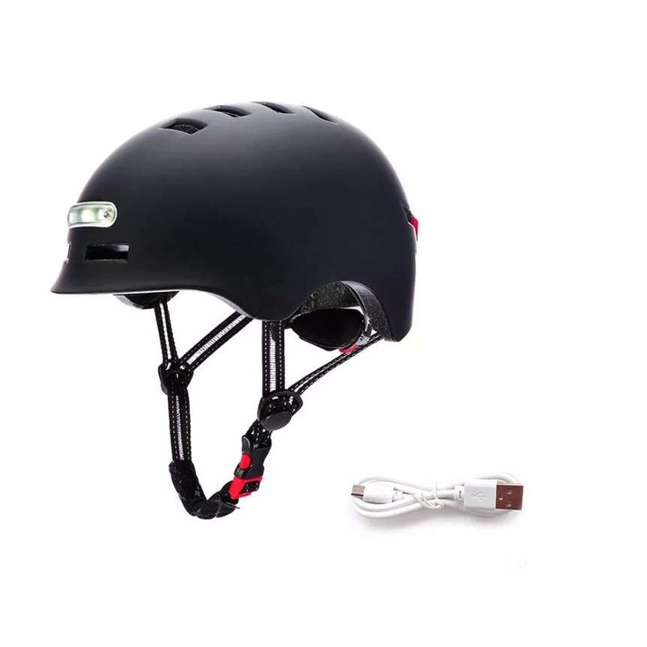 Електрическа каска за скутер, LED фарове отпред, отзад, батерия, USB кабел, DARYX.Размер L58-61см, черен мат