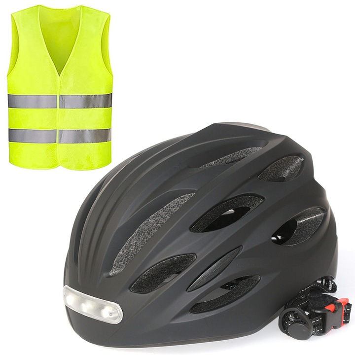 Casca bicicleta protectie LED fata, spate, DARYX, EPS, acumulator, fir USB, marimea L 58/61cm, Negru, inclusa vesta refectorizanta