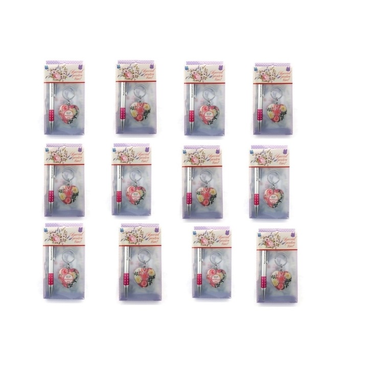Set 12 bucati, cutii continand pix si breloc, dedicatie matusa, 9x16cm
