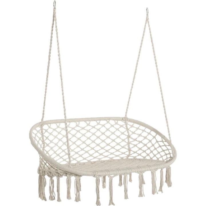 Двоен висящ стол люлка 130см за 2 човека с ресни за тераса, градина или дом, бежов