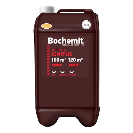Solutie concentrat pentru ignifugare lemn Bochemit Antiflash transparent 30kg, Clasa B-s1, d0 100m2, Clasa C-s1, d0 120m2 cu protectie impotriva insectelor si ciupercilor