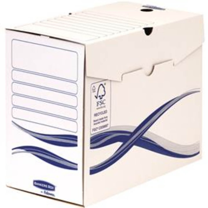 Fellowes irattartó doboz A4-es dokumentumok számára, összecsukható fedél, 250x147x325 mm, 100%-ban újrahasznosítható, fehér