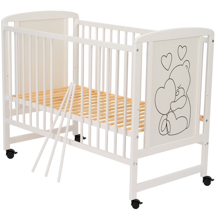 Бебешко легло Qmini Timmi Heart, С колела, Изработено от борова дървесина, MDF, Регулируема рамка, 120 x 60 см, Бяло, Матрак, 12 см
