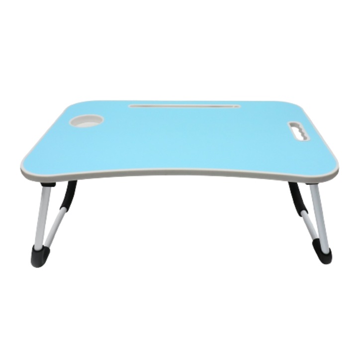 Masa pentru laptop DacEnergy©, 2 picioare din metal, blat din MDF, plianta, elemente din material plastic, 60 x 40 x 27 cm, albastra